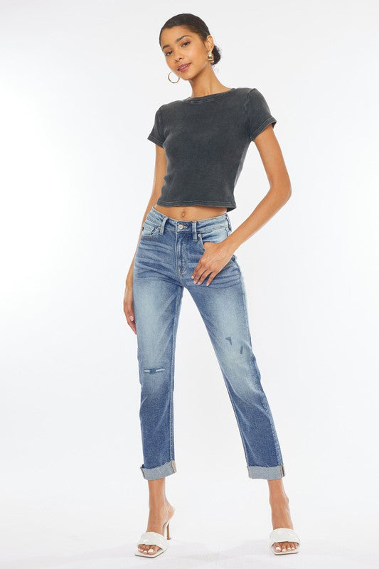 Kancan Medium Washed High Rise Raised Cuffed Slim Straight Jeans Kan Can USA