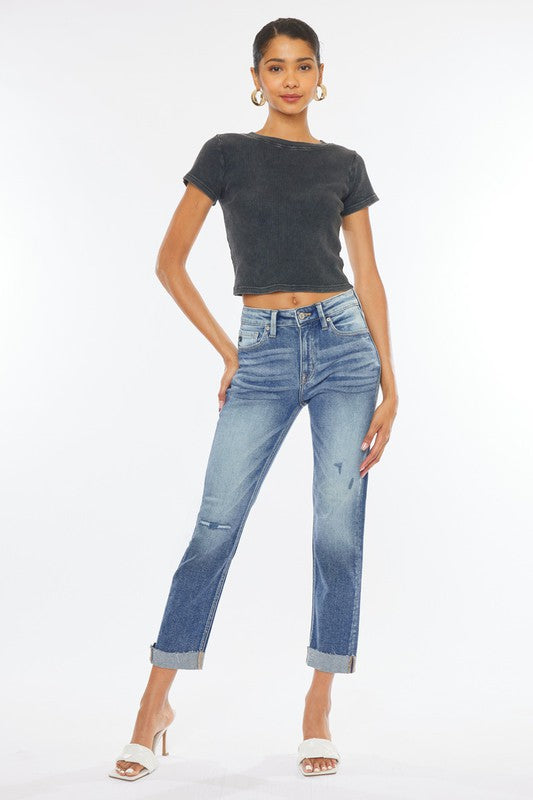 Kancan Medium Washed High Rise Raised Cuffed Slim Straight Jeans MEDIUM Kan Can USA