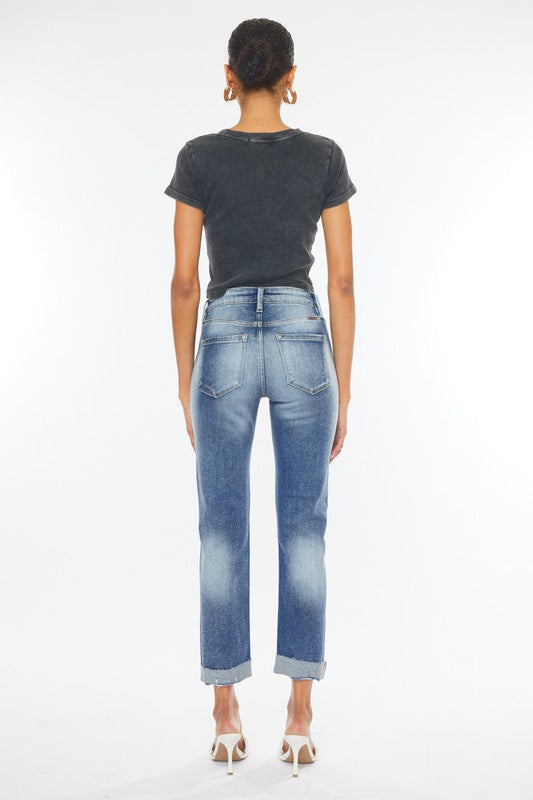 Kancan Medium Washed High Rise Raised Cuffed Slim Straight Jeans Kan Can USA