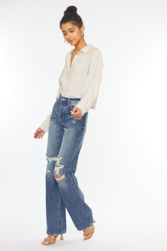 Kancan Blue Ultra High Rise Distressed Nineties Flare Jeans Kan Can USA