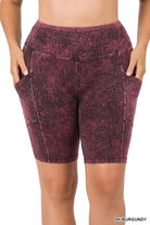 Zenana Plus Size Mineral Wash Wide Waistband Pocket Biker Shorts DK BURGUNDY ZENANA