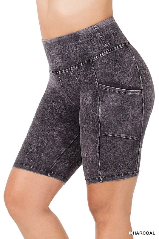 Zenana Plus Size Mineral Wash Wide Waistband Pocket Biker Shorts CHARCOAL ZENANA