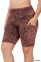 Zenana Plus Size Mineral Wash Wide Waistband Pocket Biker Shorts RUST BROWN ZENANA