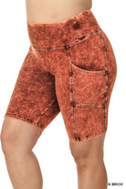 Zenana Plus Size Mineral Wash Wide Waistband Pocket Biker Shorts ZENANA