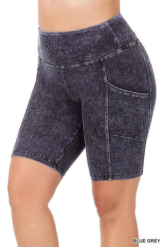 Zenana Plus Size Mineral Wash Wide Waistband Pocket Biker Shorts BLUE GREY ZENANA