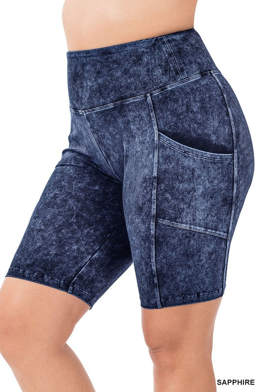 Zenana Plus Size Mineral Wash Wide Waistband Pocket Biker Shorts SAPPHIRE ZENANA