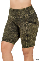 Zenana Plus Size Mineral Wash Wide Waistband Pocket Biker Shorts OLIVE ZENANA