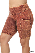 Zenana Plus Size Mineral Wash Wide Waistband Pocket Biker Shorts N ALMOND ZENANA