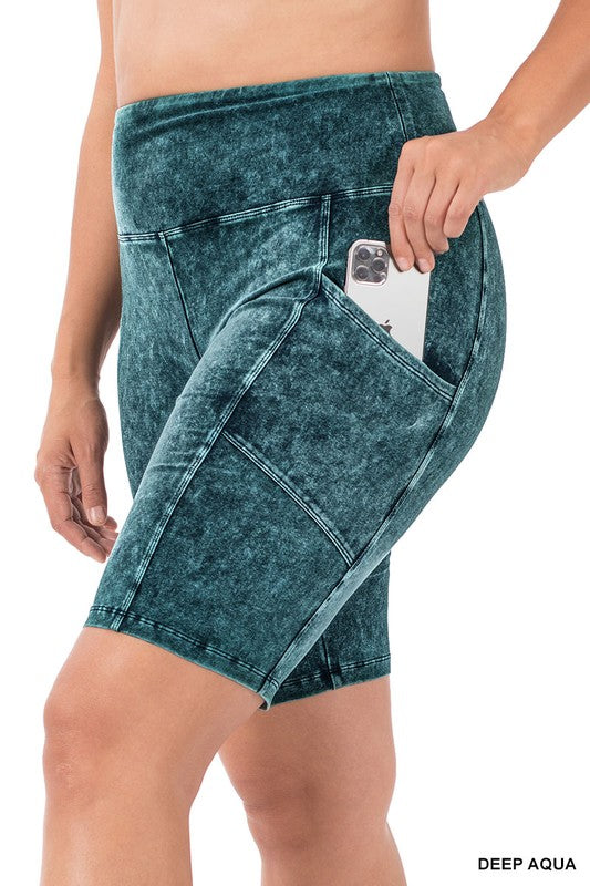 Zenana Plus Size Mineral Wash Wide Waistband Pocket Biker Shorts DEEP AQUA ZENANA