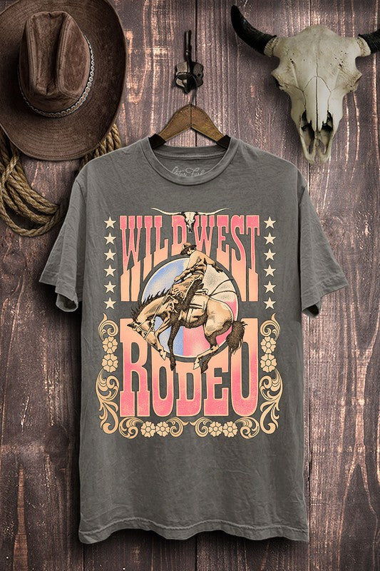 Lotus Fashion Wild West Rodeo Graphic Top Stone Gray Mineral Wash Lotus Fashion Collection