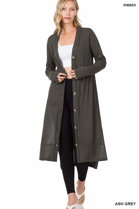 ZENANA RIBBED LONG CARDIGAN ASH GREY ZENANA