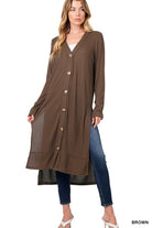 Zenana Ribbed Long Button Up Cadigan BROWN Shirts & Tops