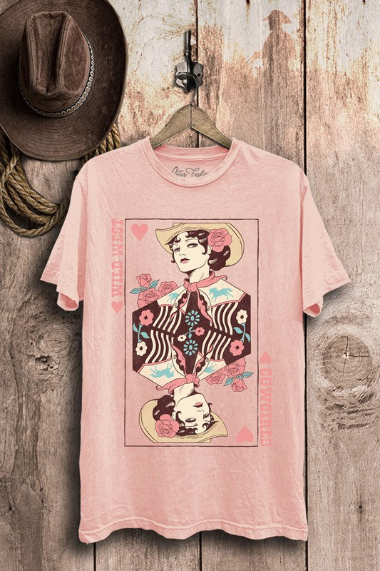 Lotus Fashion Pink Mineral Wash Wild West Queen of Hearts Cowgirl Graphic Top L Pink Mineral Wash Lotus Fashion Collection
