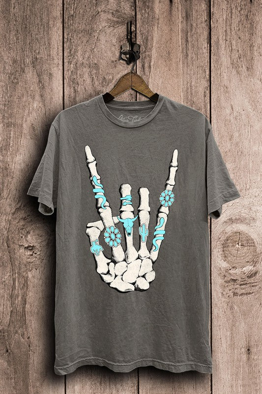 Lotus Fashion Collection Skeleton Rock Hand Sign Graphic Top Stone Gray Mineral Wash Lotus Fashion Collection