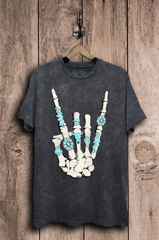 Lotus Fashion Collection Skeleton Rock Hand Sign Graphic Top Vintage Black Mineral Wash Lotus Fashion Collection