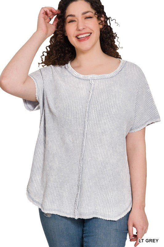 Zenana Plus Size Washed Baby Waffle Short Sleeve Top ZENANA