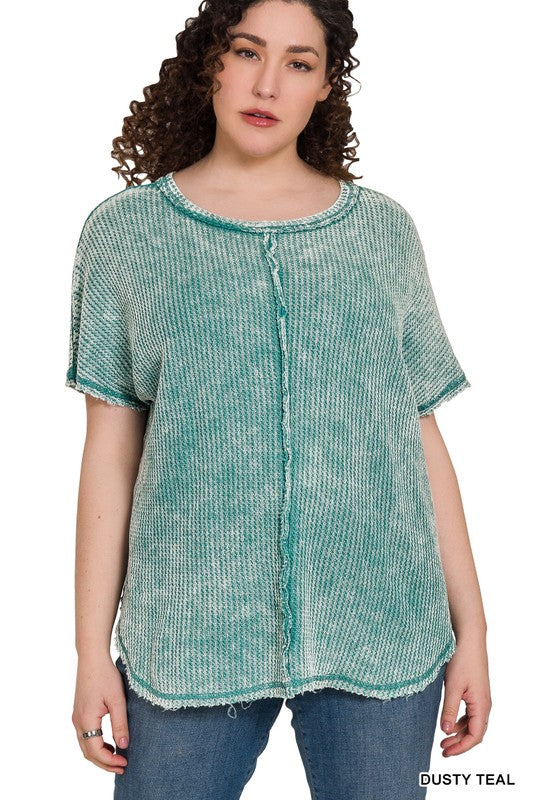 Zenana Plus Size Washed Baby Waffle Short Sleeve Top DUSTY TEAL ZENANA