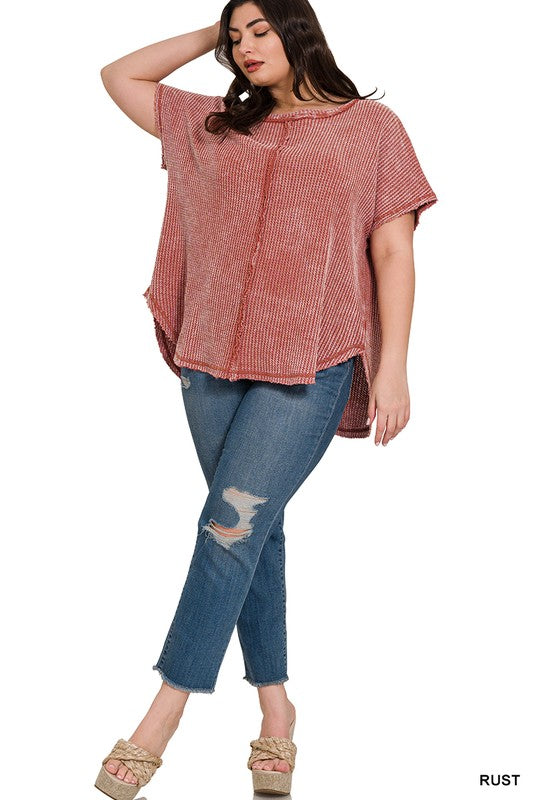 Zenana Plus Size Washed Baby Waffle Short Sleeve Top RUST ZENANA