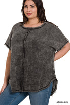 Zenana Plus Size Washed Baby Waffle Short Sleeve Top ASH BLACK ZENANA