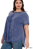 Zenana Plus Size Washed Baby Waffle Short Sleeve Top LT NAVY ZENANA