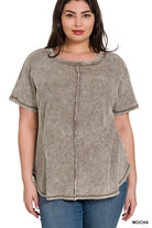 Zenana Plus Size Washed Baby Waffle Short Sleeve Top MOCHA ZENANA