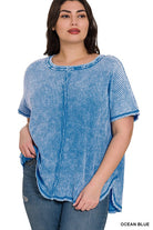 Zenana Plus Size Washed Baby Waffle Short Sleeve Top OCEAN BLUE ZENANA