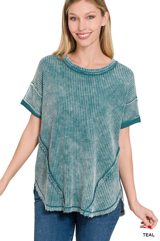 Zenana Washed Waffle Rolled Sleeve Top TEAL ZENANA