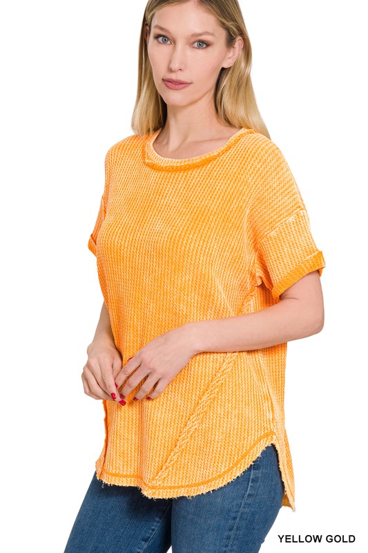 Zenana Washed Waffle Rolled Sleeve Top ZENANA