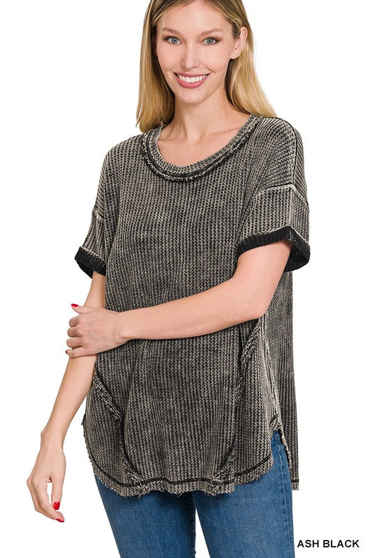 Zenana Washed Waffle Rolled Sleeve Top ASH BLACK ZENANA