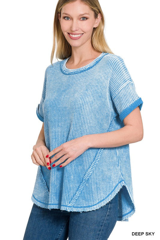 Zenana Washed Waffle Rolled Sleeve Top ZENANA