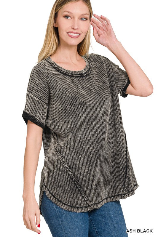 Zenana Washed Waffle Rolled Sleeve Top ZENANA