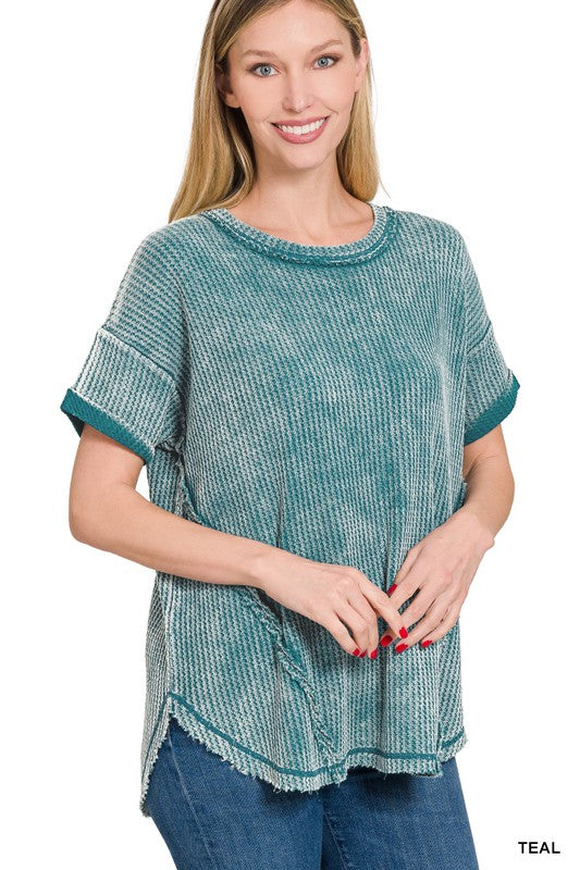 Zenana Washed Waffle Rolled Sleeve Top ZENANA