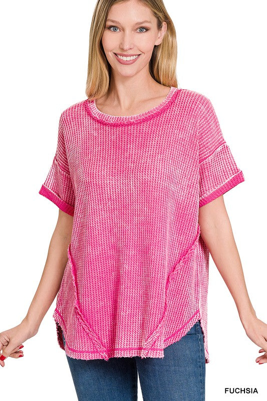 Zenana Washed Waffle Rolled Sleeve Top ZENANA