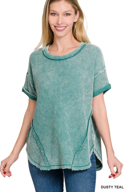 Zenana Washed Waffle Rolled Sleeve Top ZENANA