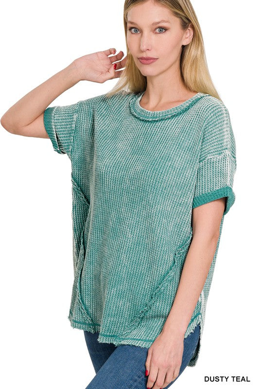 Zenana Washed Waffle Rolled Sleeve Top ZENANA