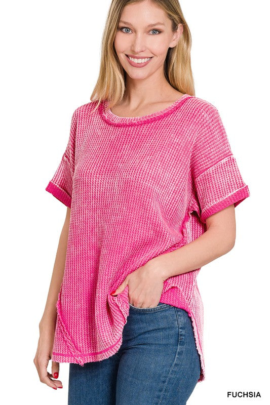 Zenana Washed Waffle Rolled Sleeve Top FUCHSIA ZENANA