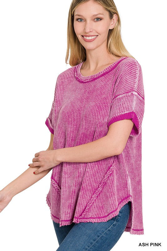 Zenana Washed Waffle Rolled Sleeve Top ZENANA