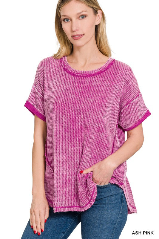 Zenana Washed Waffle Rolled Sleeve Top ZENANA