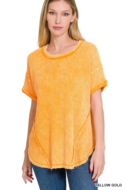 Zenana Washed Waffle Rolled Sleeve Top YELLOW GOLD ZENANA