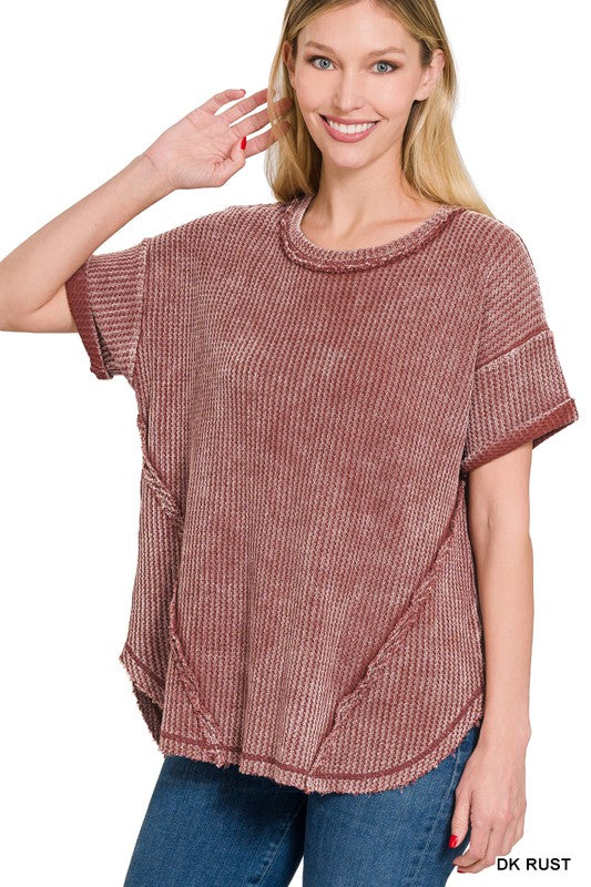 Zenana Washed Waffle Rolled Sleeve Top ZENANA