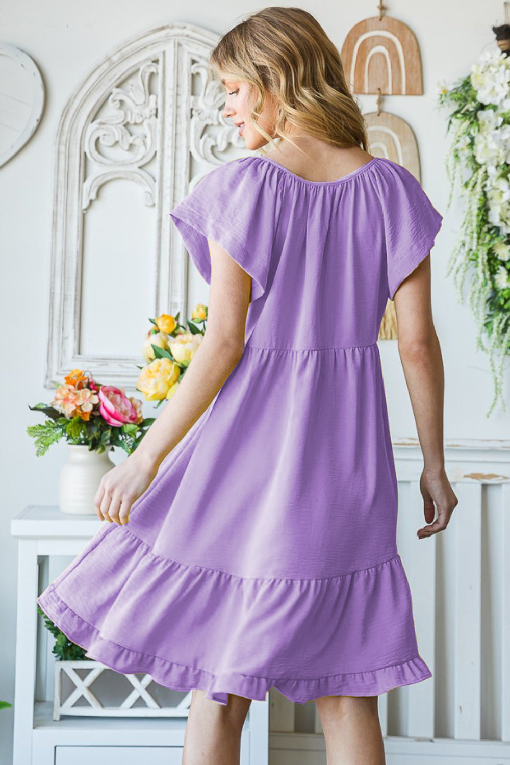 Reborn J Lavender Textured Ruffle Hem Short Sleeve Dress Trendsi