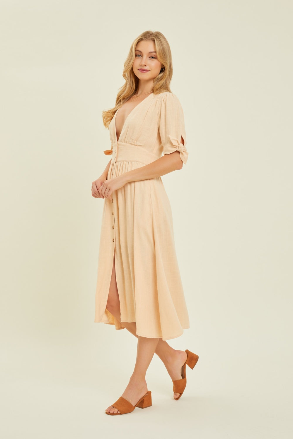HEYSON Textured Linen V-Neck Button-Down Cream Midi Dress Trendsi