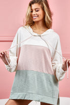 BiBi Drawstring Color Block Hooded Long Sleeve Top Ivory Sage Blush Trendsi