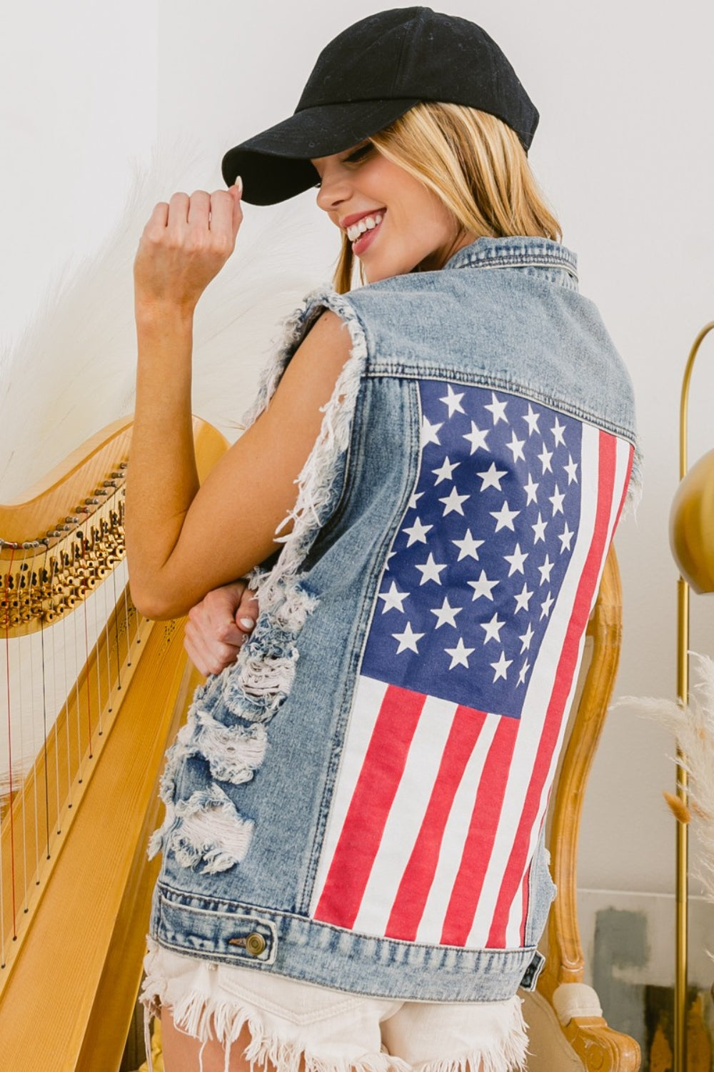 BiBi Distressed Raw Hem US Flag Sleeveless Denim Jacket Trendsi