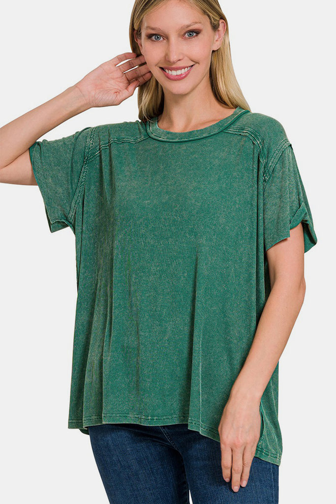Zenana Dark Green Washed Ribbed Short Sleeve Top DKGREEN Trendsi