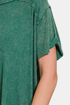 Zenana Dark Green Washed Ribbed Short Sleeve Top Trendsi