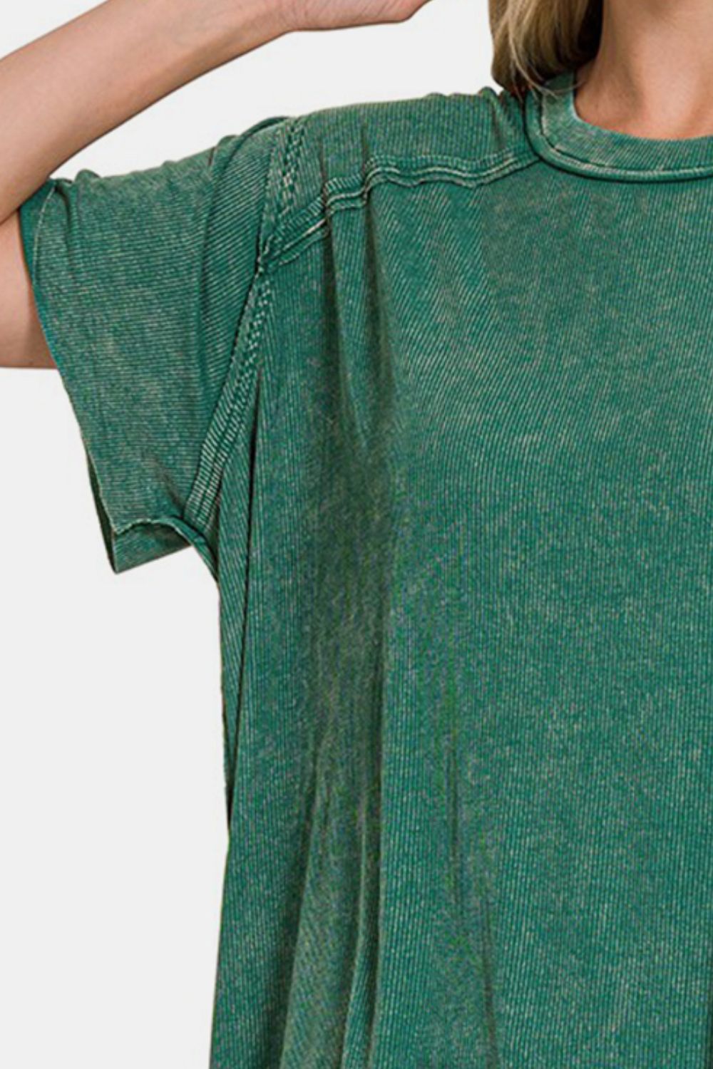 Zenana Dark Green Washed Ribbed Short Sleeve Top Trendsi