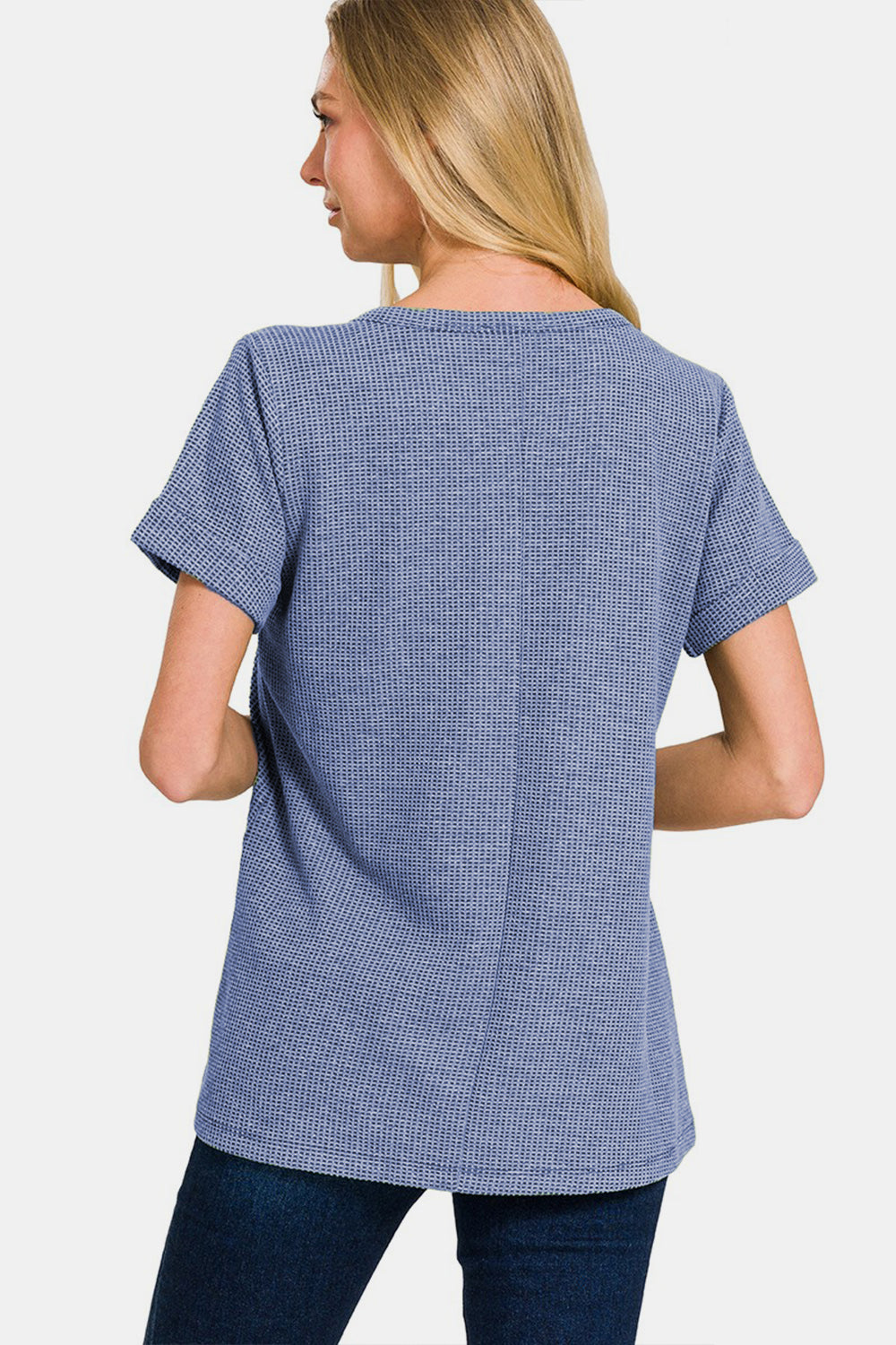 Zenana Notched Short Sleeve Waffle T-Shirt Trendsi