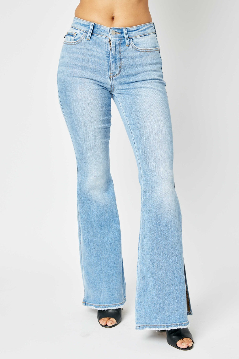 Judy Blue Medium Wash Mid Rise Raw Hem Slit Flare Jeans Medium Trendsi