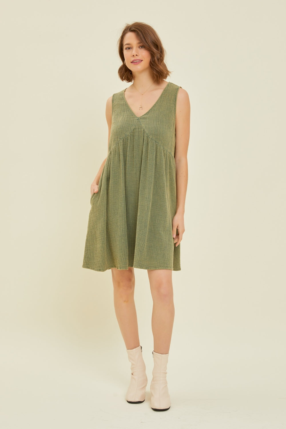 HEYSON Green Texture V-Neck Sleeveless Flare Mini Dress Trendsi